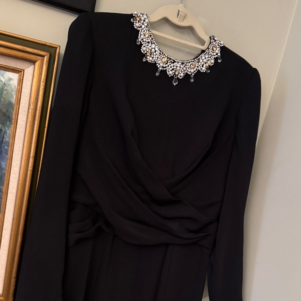 Jenny Packham Black Long Sleeve Rhinestone Formal Gown Dress